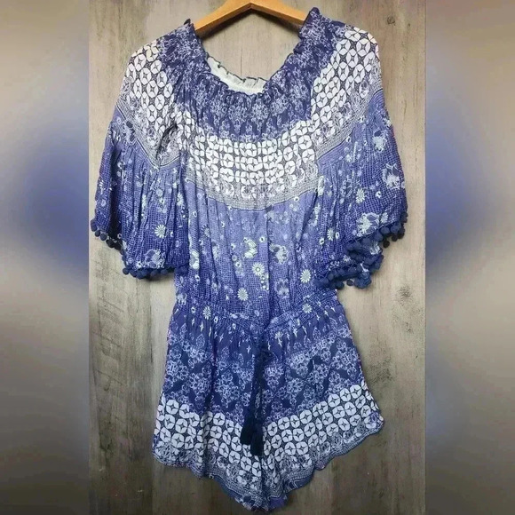 Anthropologie Raga Mazo Pommed Boho Blue Romper Women's Small - Picture 4 of 11
